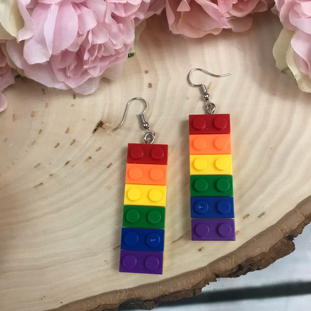 🌈Rainbow LEGO Dangle Earrings - Picture 3 of 6